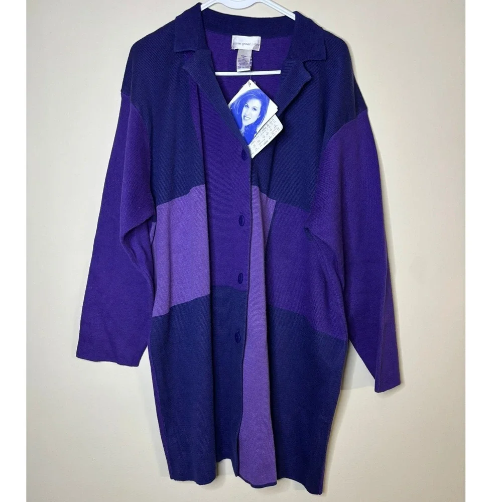 Susan Graver Style Purple Colorblock Longline Cardigan‎ Sweater New Womens Sz 3X